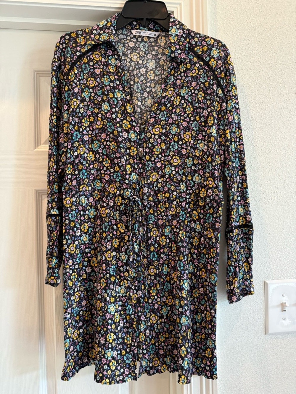 Zara Black Floral Button-Front Dress with Yellow, Blue, Pink and White Flowers